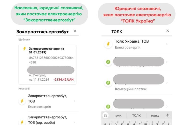 Приклад введення реквізитів для оплати електроенергії